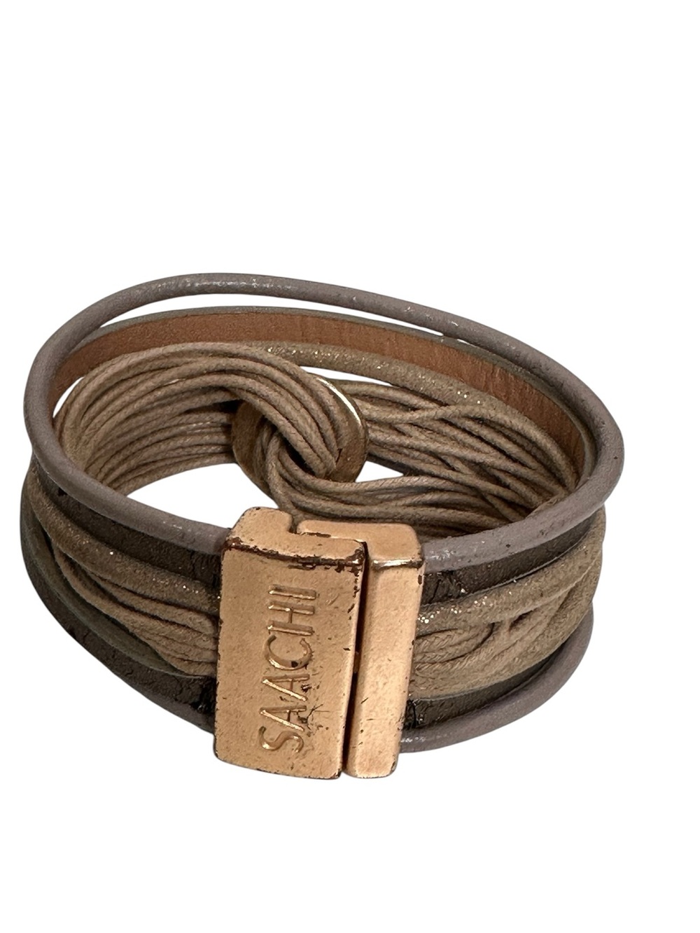 SAACHI BRINK Chain Link Taupe Multi-Strand Leather Bracelet with Gold-Tone Clasp